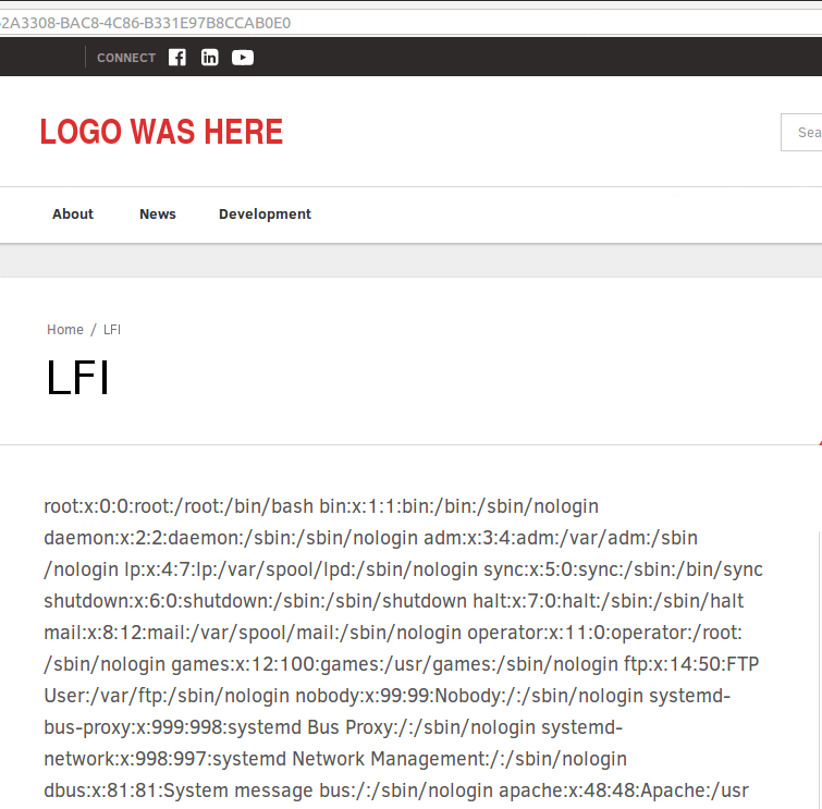 LFI vulnerability exploiting /etc/passwd file contents.